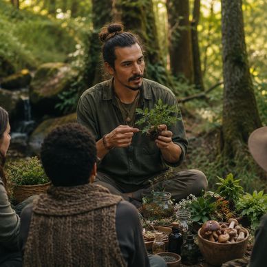 Man teaching a group about plants in a forest.