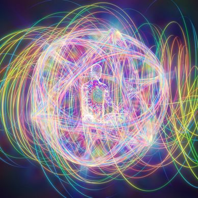 Meditative figure surrounded by colorful energy waves.