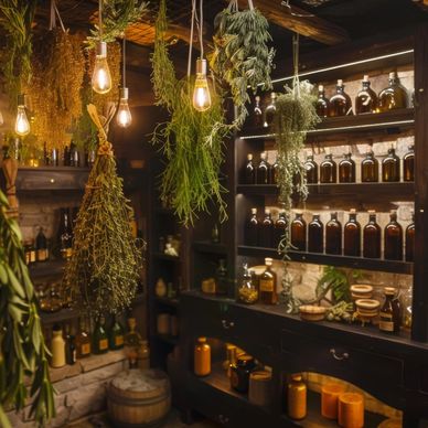 Cozy herbal apothecary with hanging herbs and amber bottles.