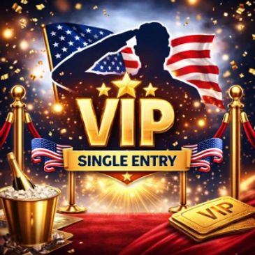 VIP single entry with American flag and red carpet background.