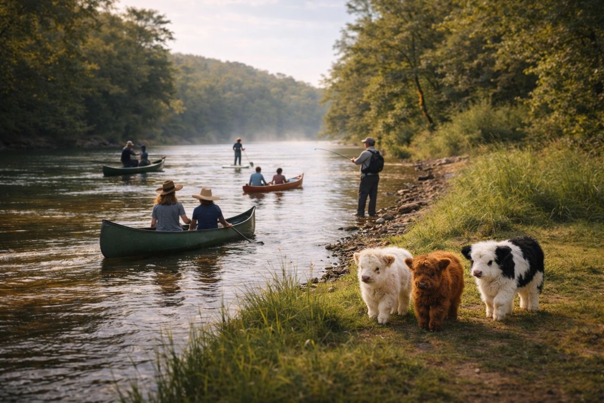 Three fluffy Highland calves walk near a river with people canoeing and fishing.
