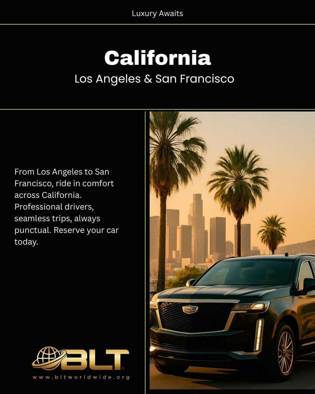 Luxury car service from Los Angeles to San Francisco with professional drivers.