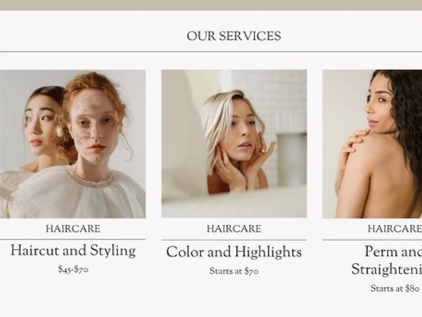 Haircare services including haircut, styling, color, highlights, and perm.