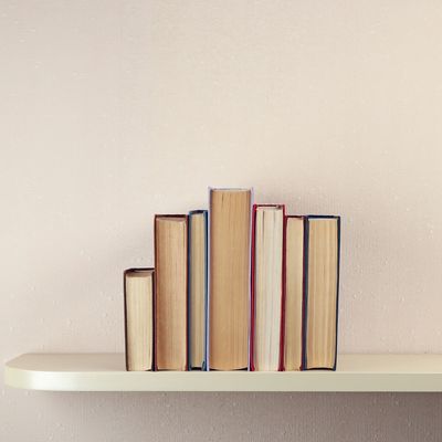 Books standing upright on a white shelf.
