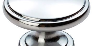 Shiny chrome cabinet knob.