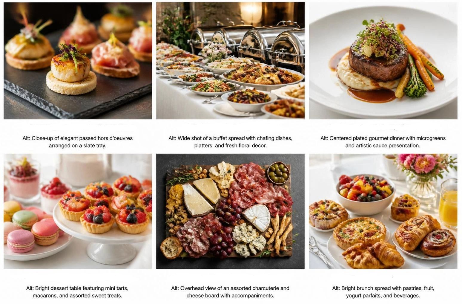 Elegant catering spread with appetizers, buffet, gourmet dinner, desserts, charcuterie, and brunch items.