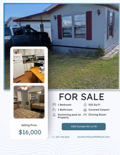 A mobile home for sale with 1 bedroom, 1 bathroom, and a swimming pool on the property.