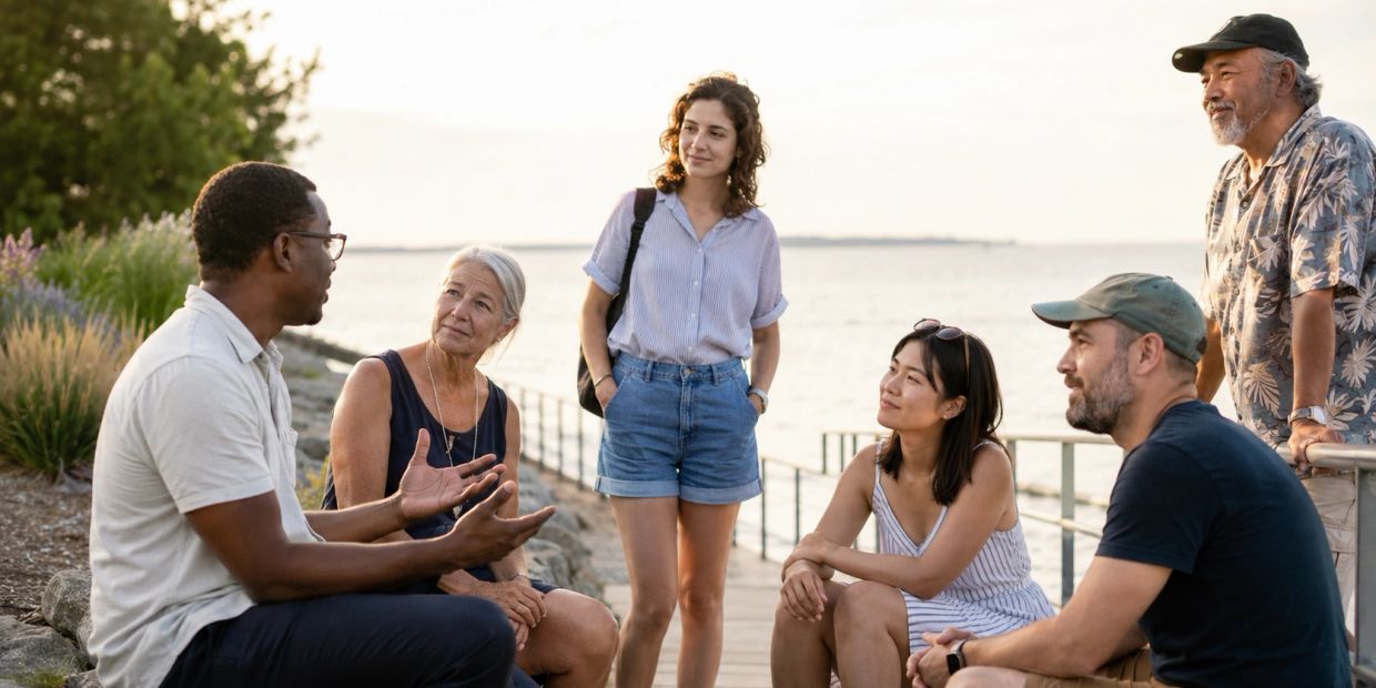 Group of diverse adults having a conversation by the water.