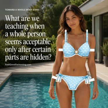 Woman in a polka-dot bikini by the pool questions body acceptance and ethics.