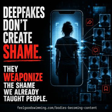 Message about deepfakes and shame with digital imagery of a person on a phone.