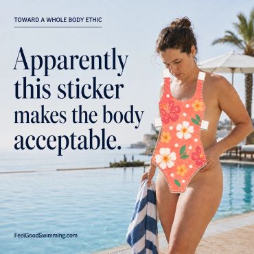 Woman wearing a floral swimsuit sticker by the pool with a message about body acceptance.