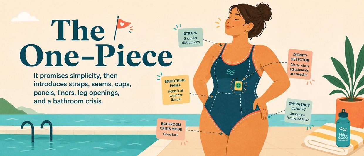Illustration humorously explaining the complexities of a one-piece swimsuit with labeled features.
