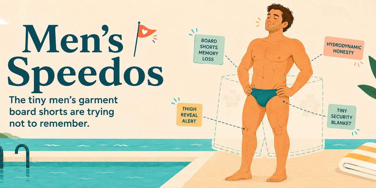 Illustration of a man confidently wearing men's Speedos by a poolside with humorous annotations.