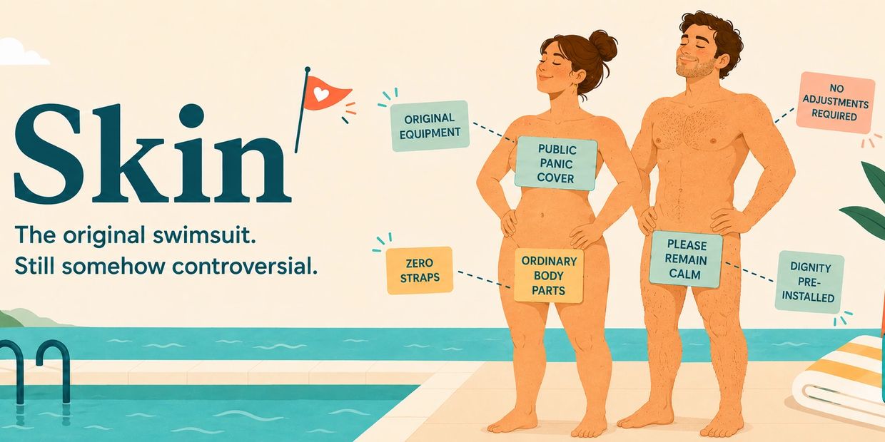 Illustration highlighting skin as the original swimsuit with playful labels on a man and woman.