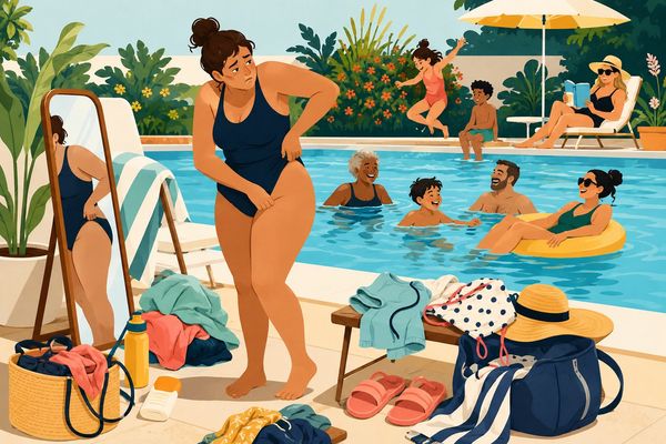 A woman adjusting her swimsuit by the pool with others enjoying the water and sun.
