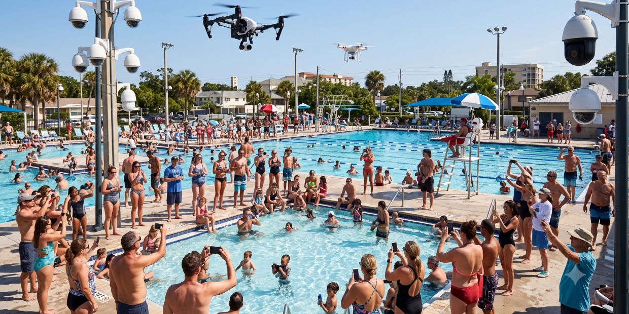 Crowded public pool with drones flying overhead.