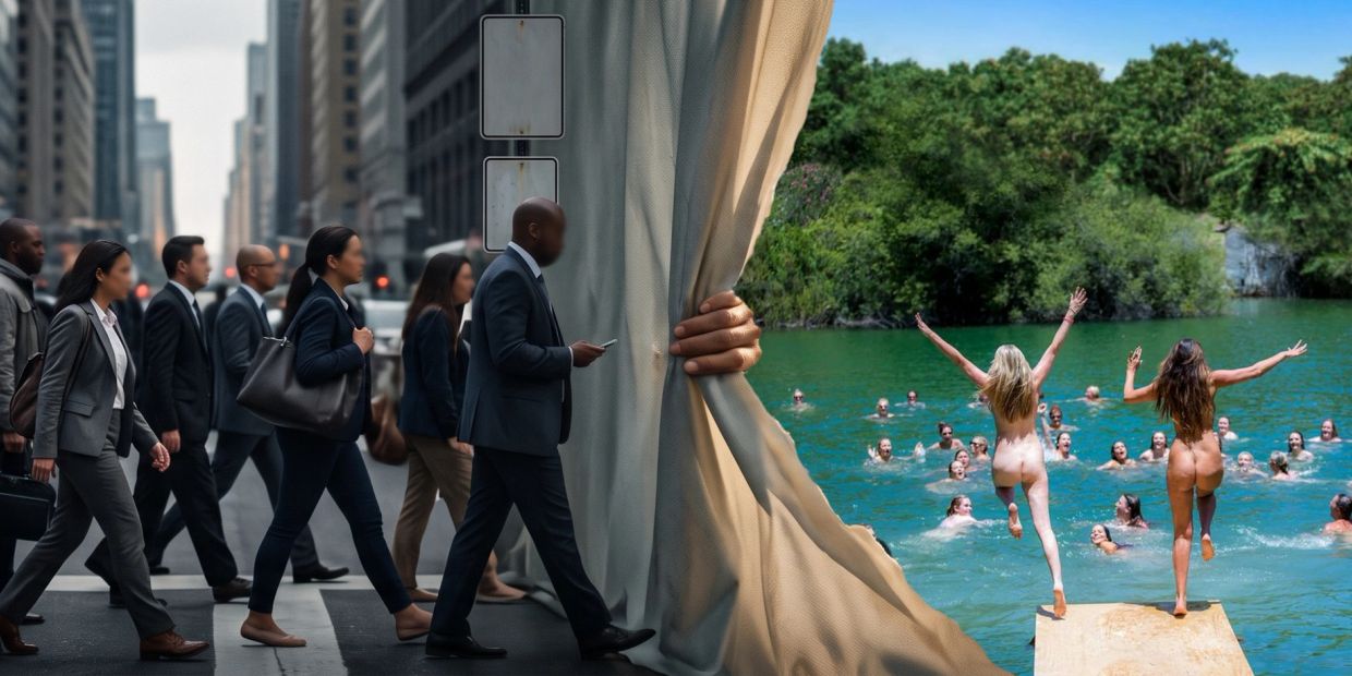 People in suits walking through a city, a curtain reveals a lively lake scene with swimmers.