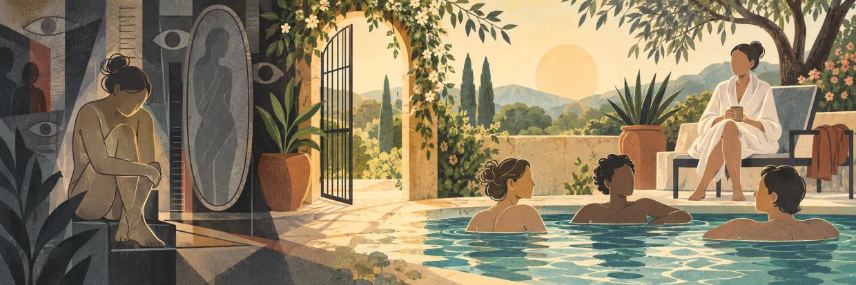 People relaxing by a pool during sunset.