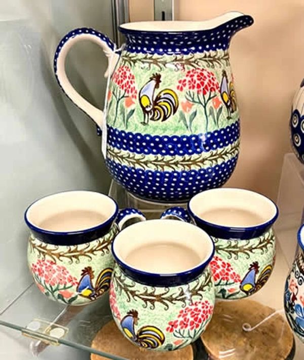 Polish pottery pitcher and cups at Bargain Hunters Antiques and Collectibles in Westminster, MD.