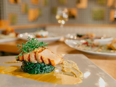 Tucson Private Chef prepared fish on a nest of wilted greens with a root vegetable puree.