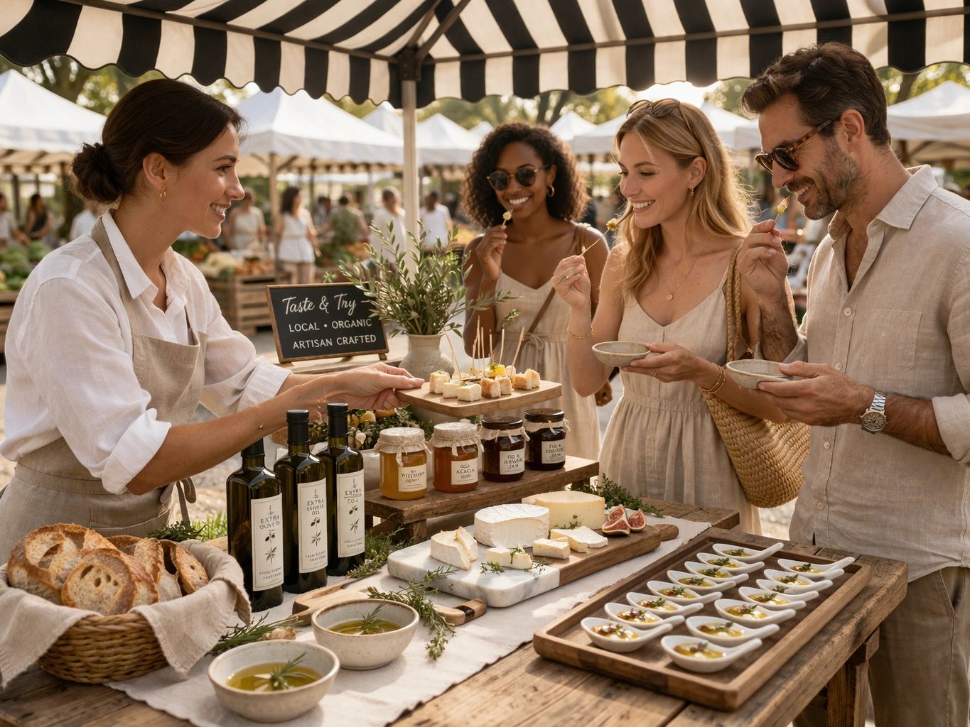 People tasting artisan local organic products at a market stall.