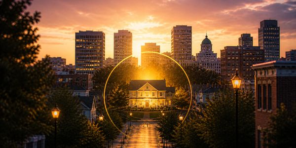 A glowing house centered against a city skyline at sunset.