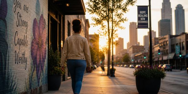 Person walking on a city sidewalk at sunset with inspirational wall art.