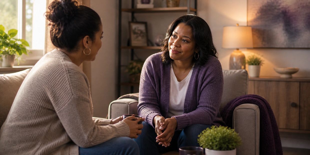Two women having a heartfelt conversation in a cozy living room.