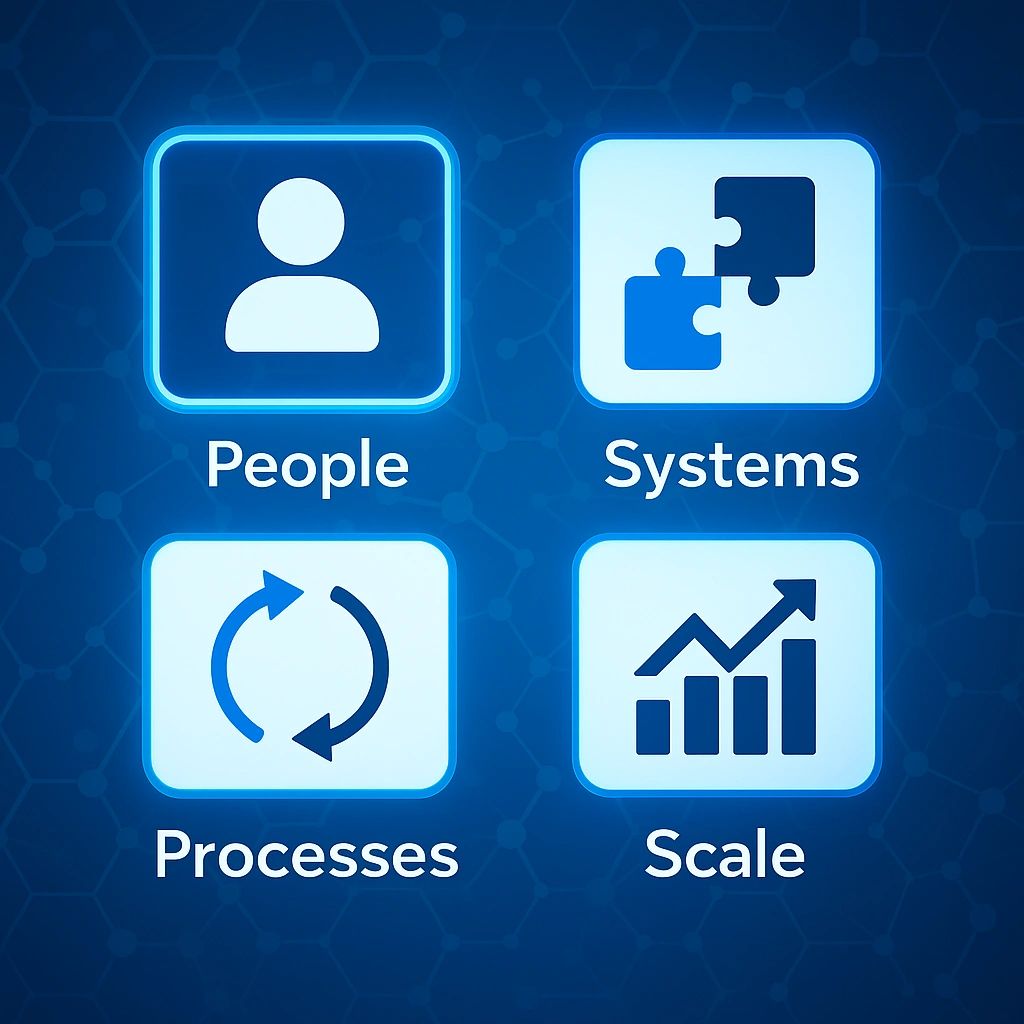 PSPS icons: People, Systems, Processes, Scale, the foundation of the Precision Launch System.
