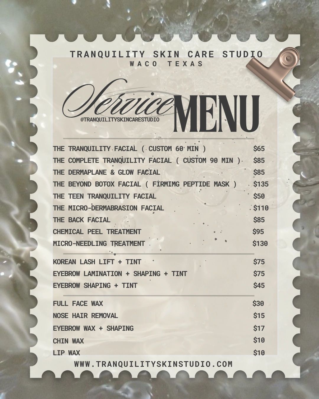 Tranquility Skin Care Studio service menu listing facials, peels, waxing, and tinting treatments with prices.