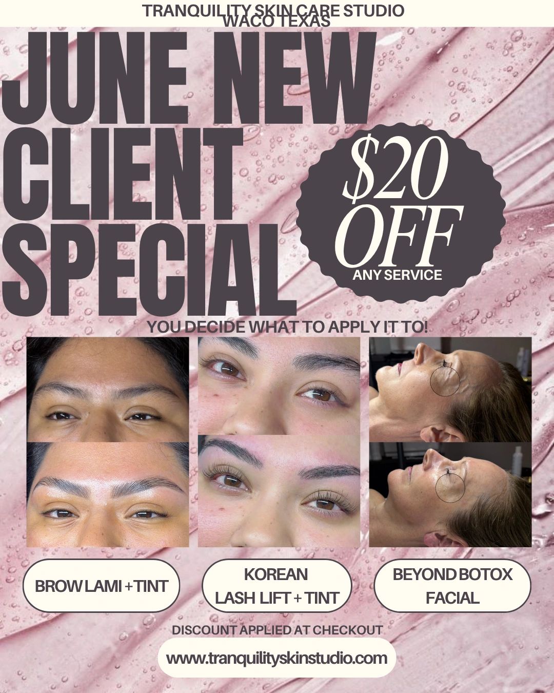 June special: $20 off new client services at Tranquility Skin Care Studio, Waco TX.