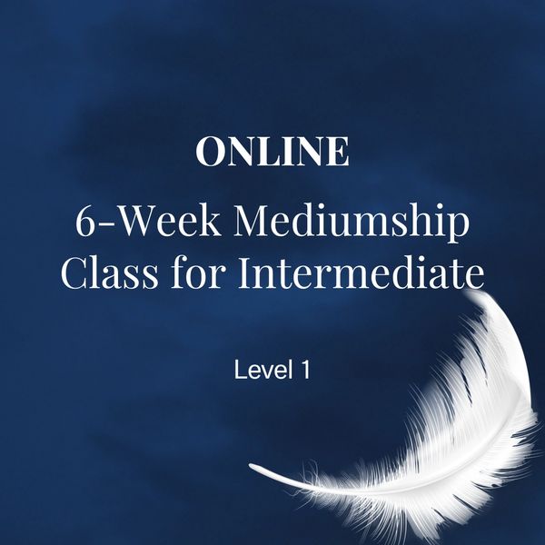 Online 6-week mediumship class for intermediate level with a feather on a dark blue background.