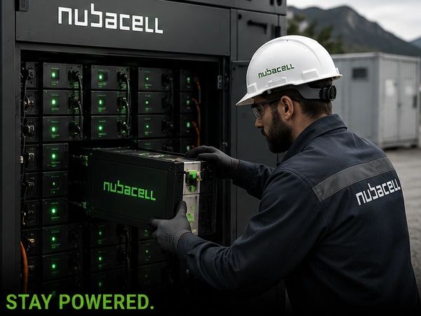 Technician handling Nubacell battery modules outdoors with mountains in background.