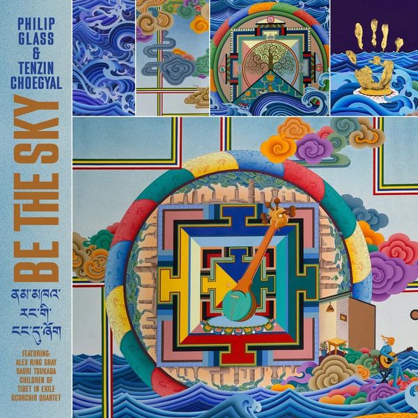 Album cover art with vibrant Tibetan-inspired designs and ocean waves.