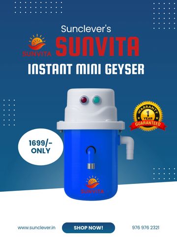 Sunvita Instant Mini Geyser in blue, priced at 1699/- with 1-year warranty.