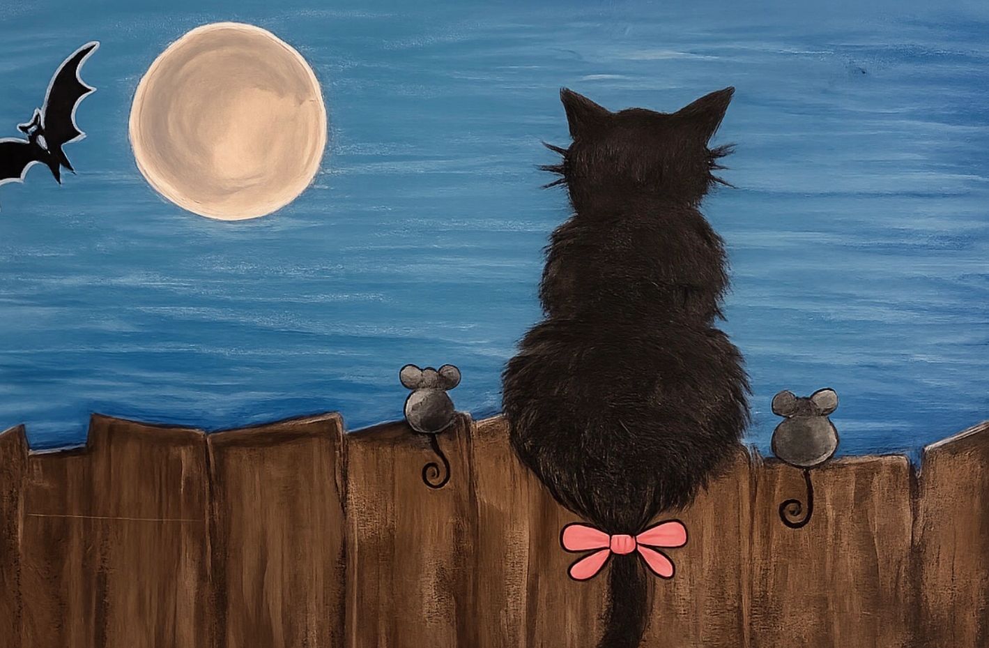 A black cat with a pink bow sits on a fence with two mice and a bat under the full moon.
