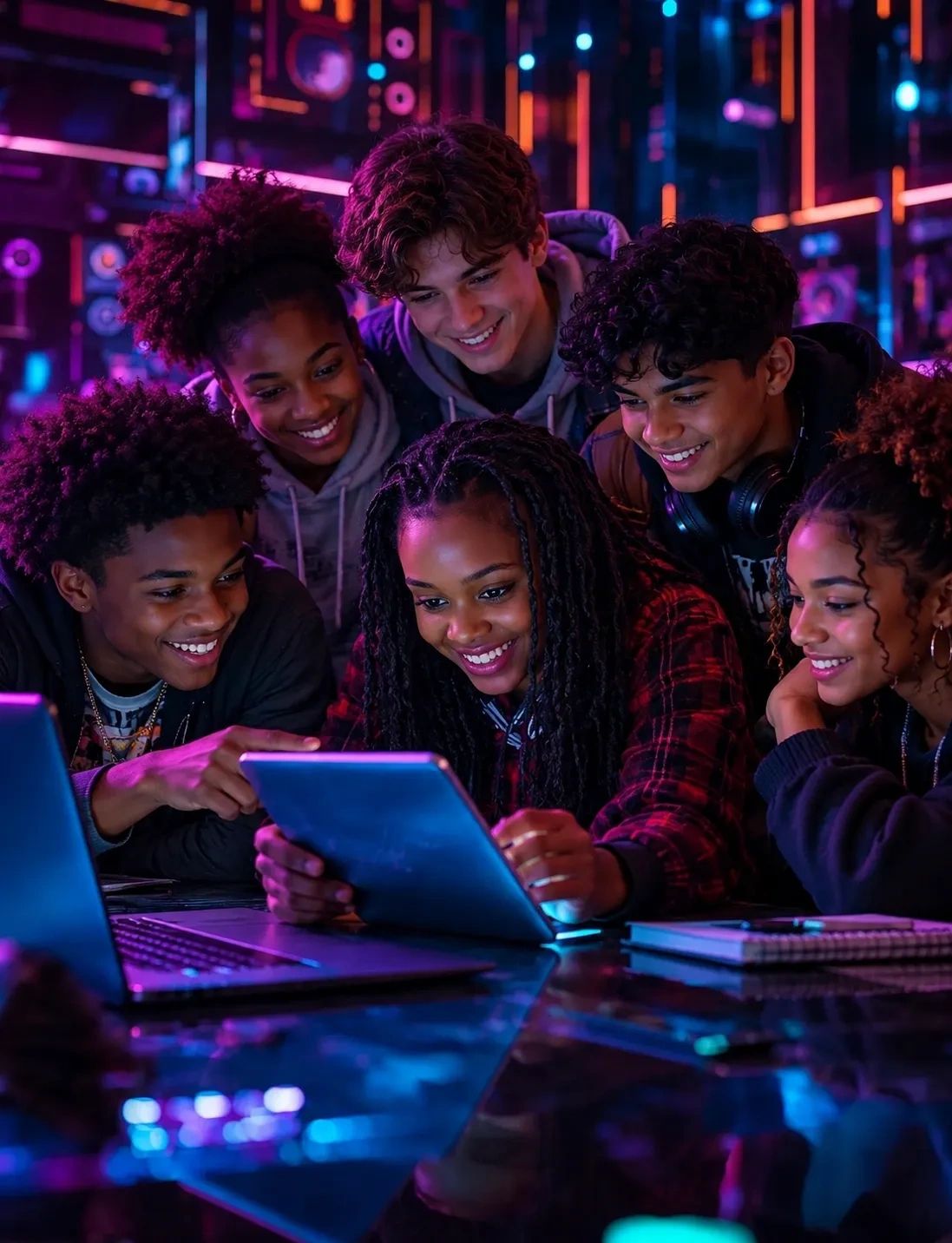 Group of friends enjoying digital content together.