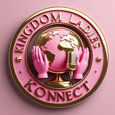3D logo for Kingdom Ladies Konnect with globe, hands, and microphone.