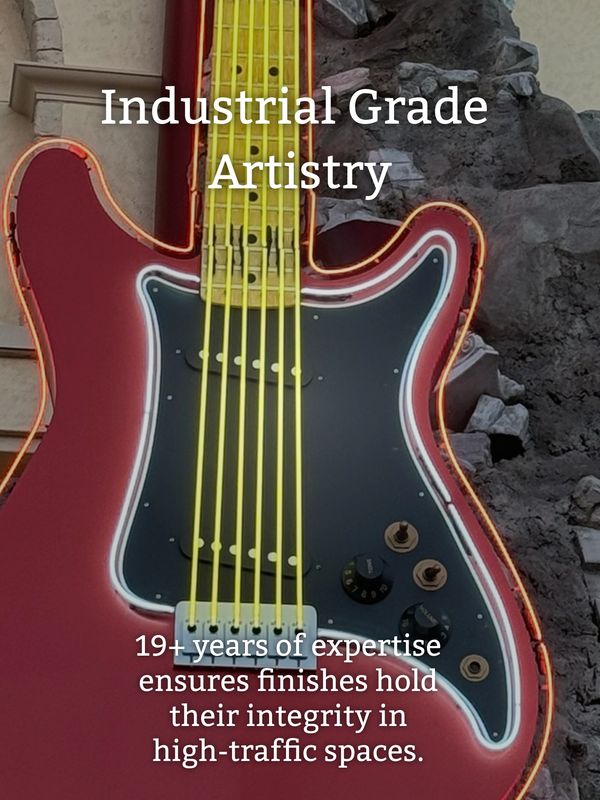 Vintage red electric guitar with bright yellow strings and text overlay.