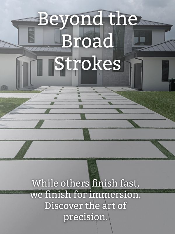 Modern house with a precise tiled driveway and inspirational text overlay.