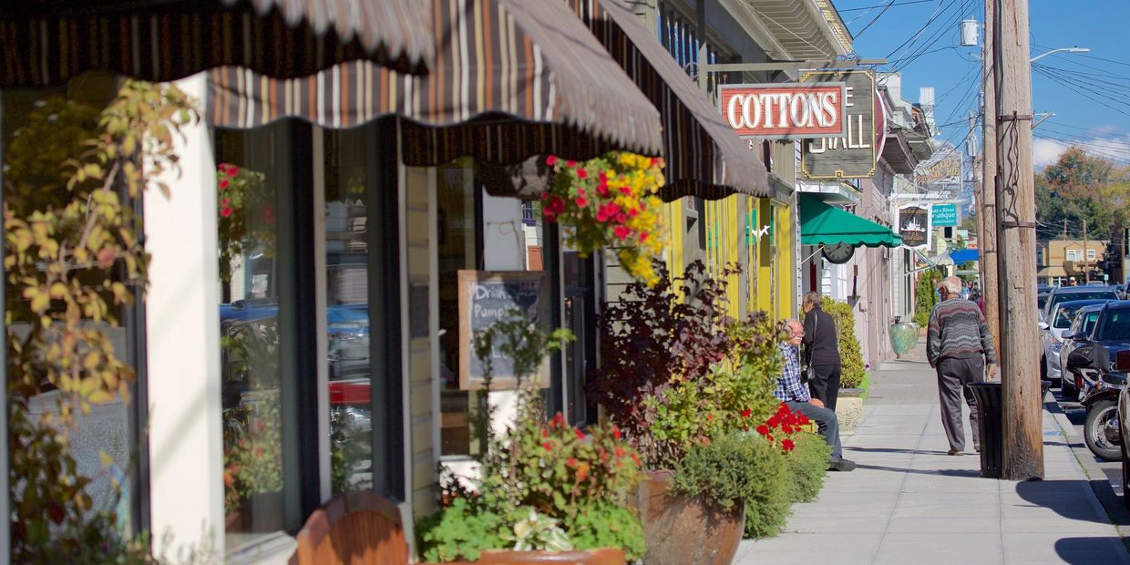 a row of shops with flowers outside of them, people walking on the sidewalk