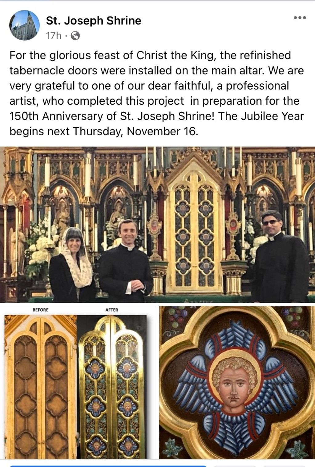 Refinished tabernacle doors installed at St. Joseph Shrine for 150th Anniversary.