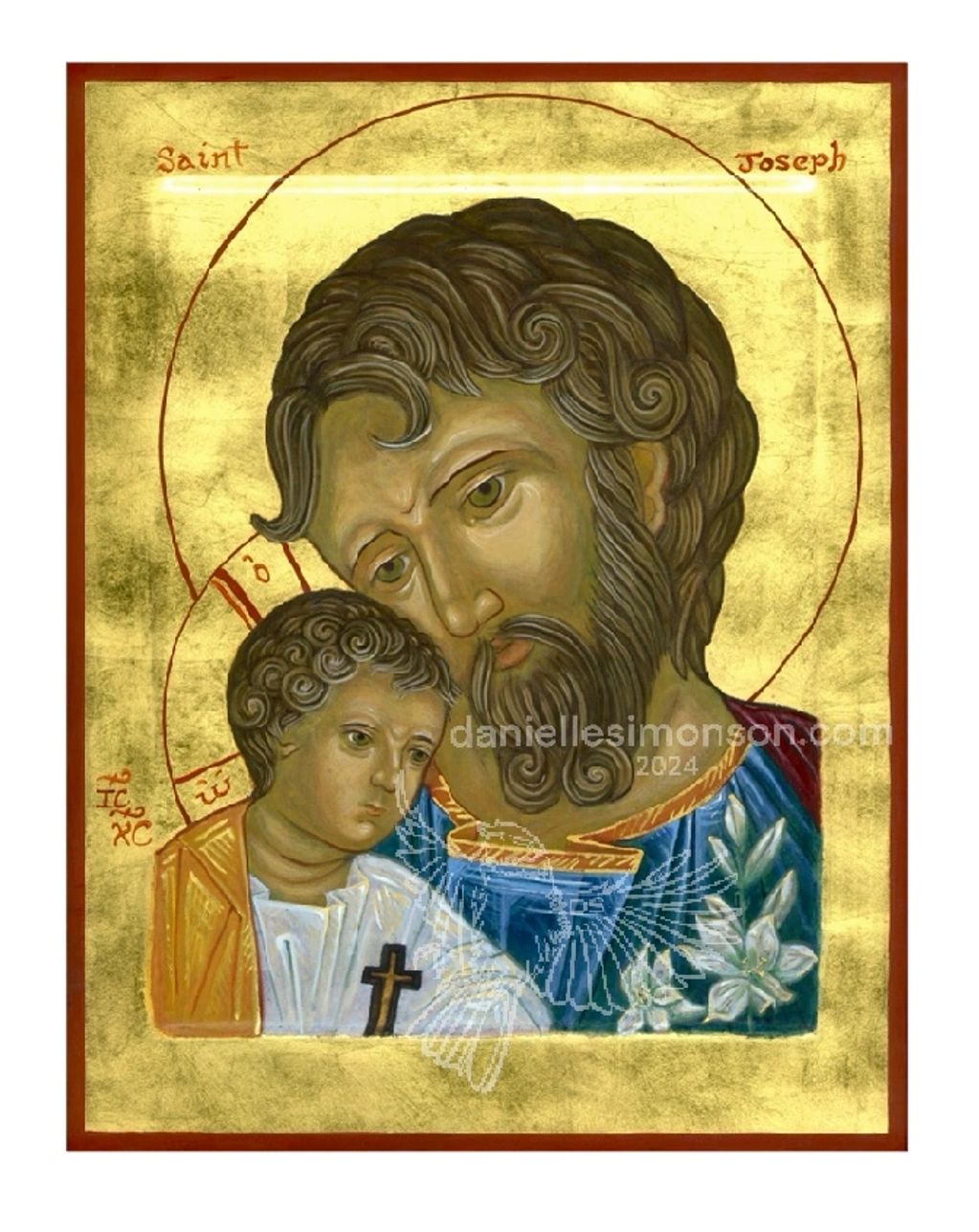 Icon of Saint Joseph with child Jesus on gold background.