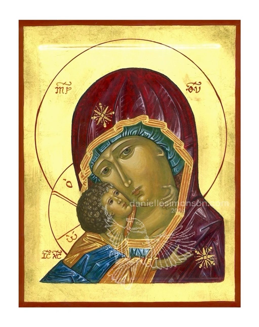 Religious icon of Mary and baby Jesus.