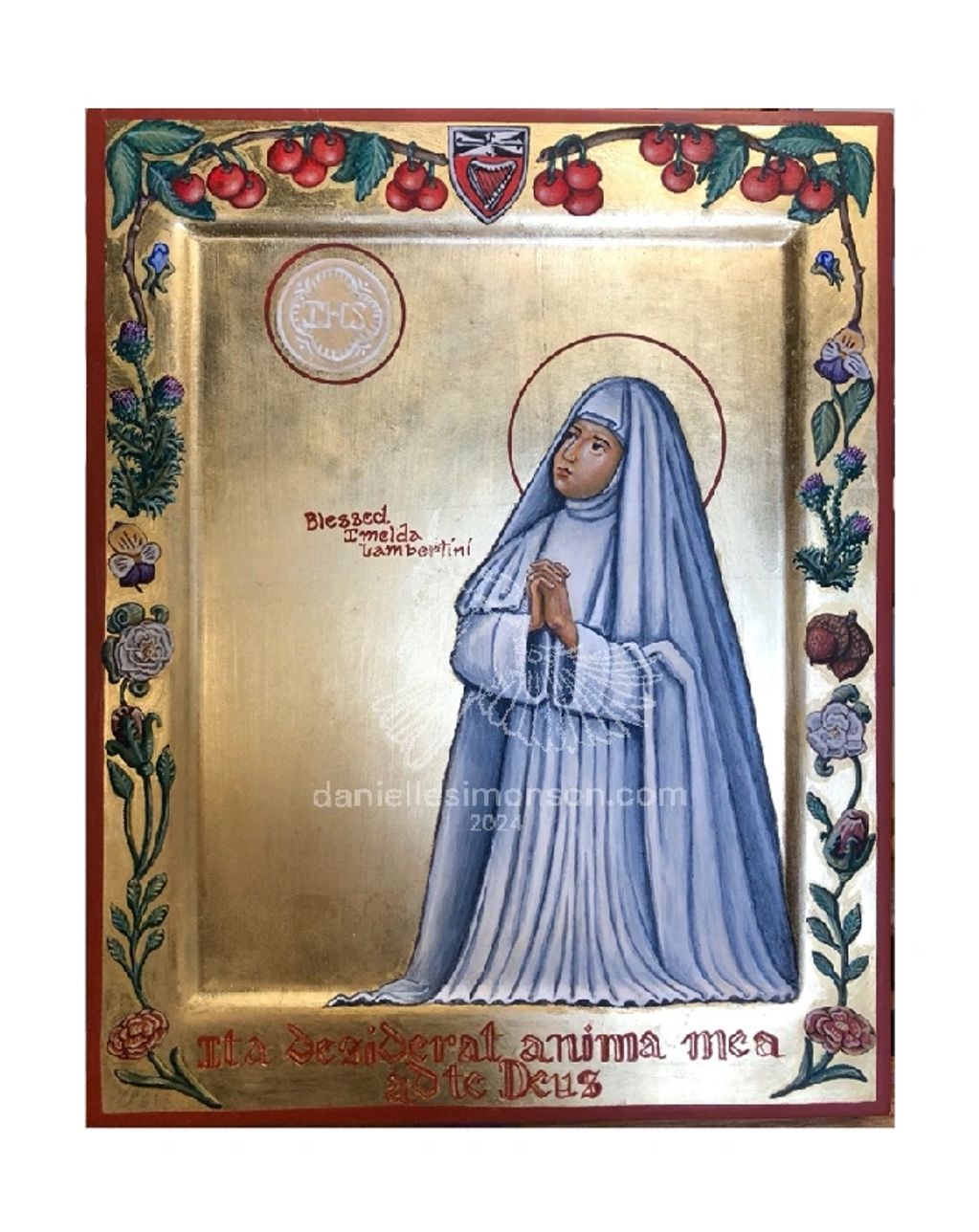 Icon of Blessed Imelda Lambertini in prayer with decorative floral border.