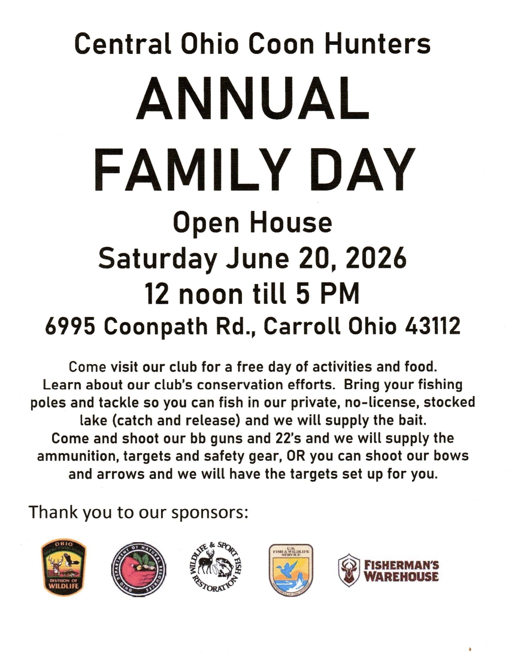 Flyer for Central Ohio Coon Hunters Annual Family Day event on June 20, 2026.