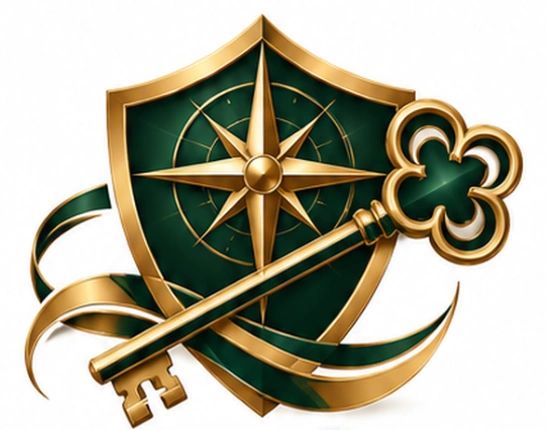 Golden key and shield with compass design.