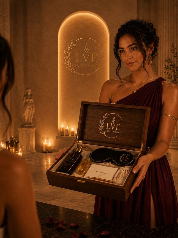 Woman in elegant dress presents a luxury self-care box in a warm, candlelit room.