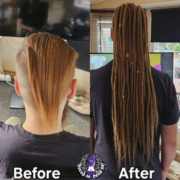 Synthetic dreadlocks installed onto mans hair. Norfolk, UK 