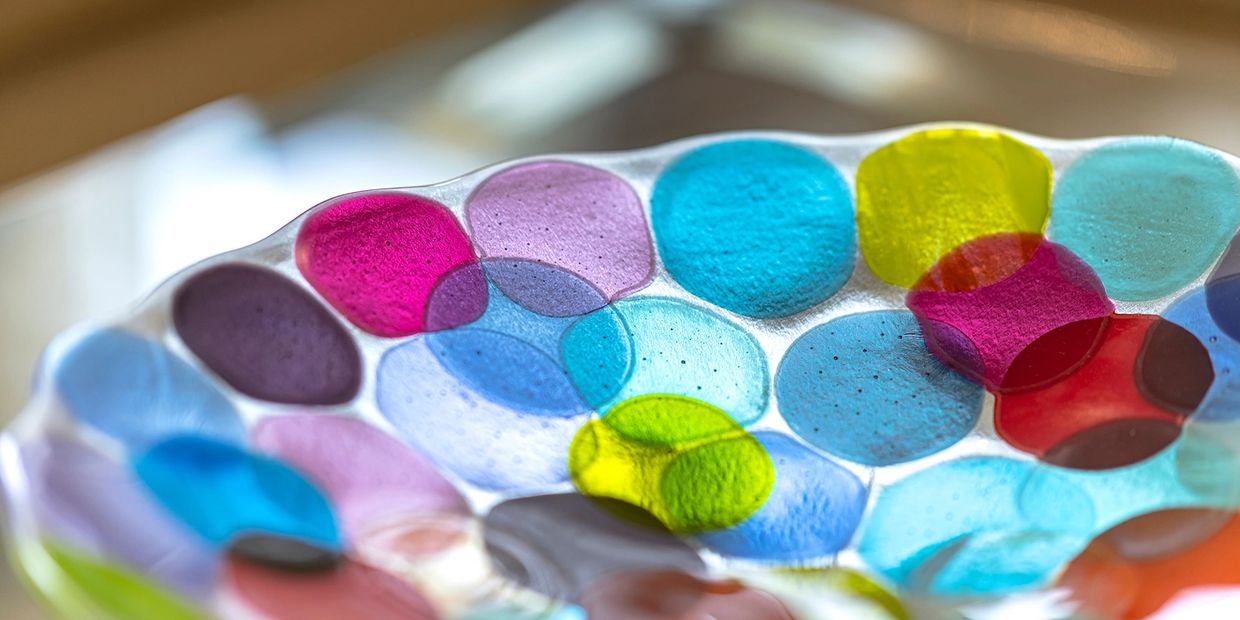 Floating Circle Fused Glass Bowl/ Equality:
A beautiful mix of colored glass circles to form a state